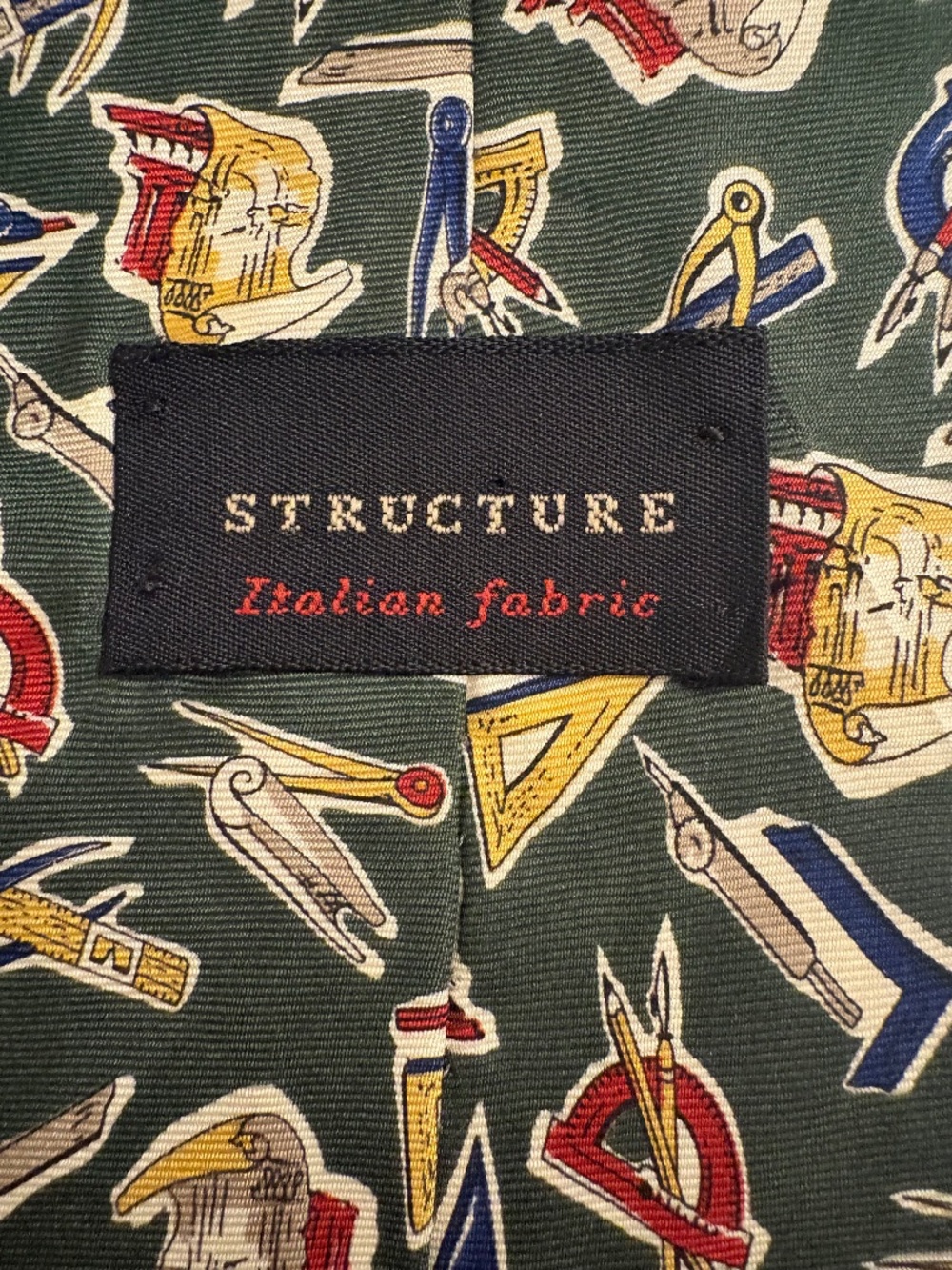 Vintage Structure Architectural Drafting Tools Silk Necktie Dark Olive Green